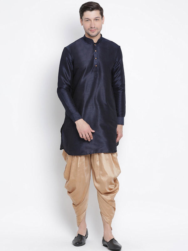 Men's Dark Blue Cotton Silk Blend Kurta and Dhoti Pant Set