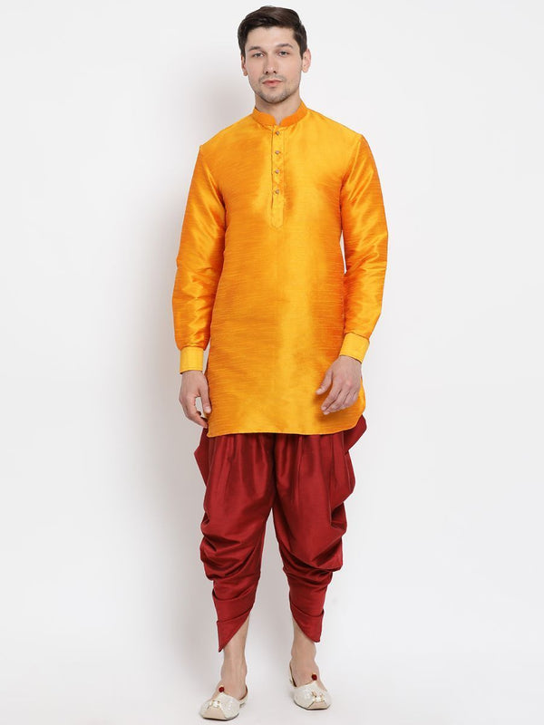 Men's Orange Cotton Silk Blend Kurta and Dhoti Pant Set - Vastramay