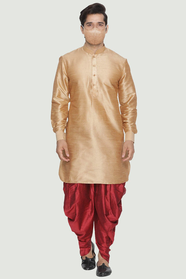 Men's Gold Cotton Silk Blend Kurta and Dhoti Pant Set - Vastramay