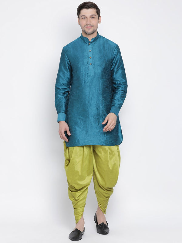 Men's Dark Green Cotton Silk Blend Kurta and Dhoti Pant Set - Vastramay