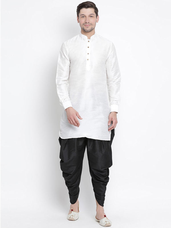 Men's White Cotton Silk Blend Kurta and Dhoti Pant Set - Vastramay