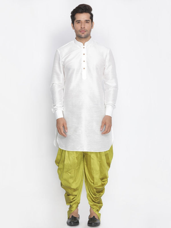 Men's White Cotton Silk Blend Kurta and Dhoti Pant Set - Vastramay