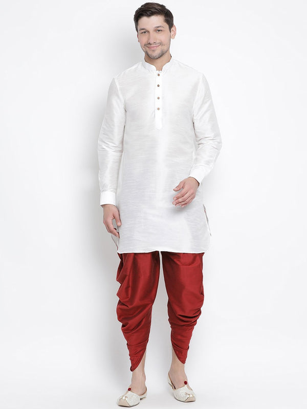 Men's White Cotton Silk Blend Kurta and Dhoti Pant Set - Vastramay