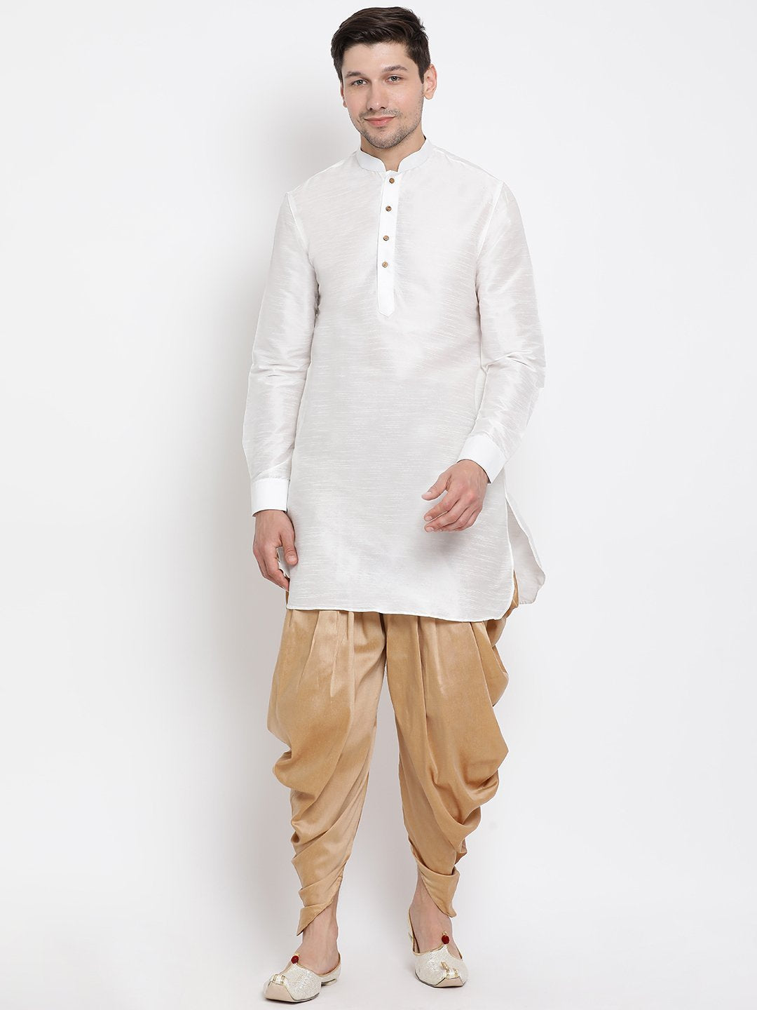 Men's White Cotton Silk Blend Kurta and Dhoti Pant Set