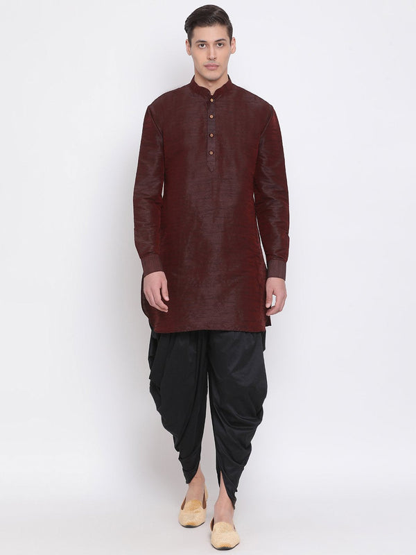 Jashvi Men's Burgundy Silk Blend Curved Kurta Dhoti Set