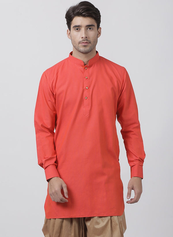 Men's Orange Cotton Kurta - Vastramay