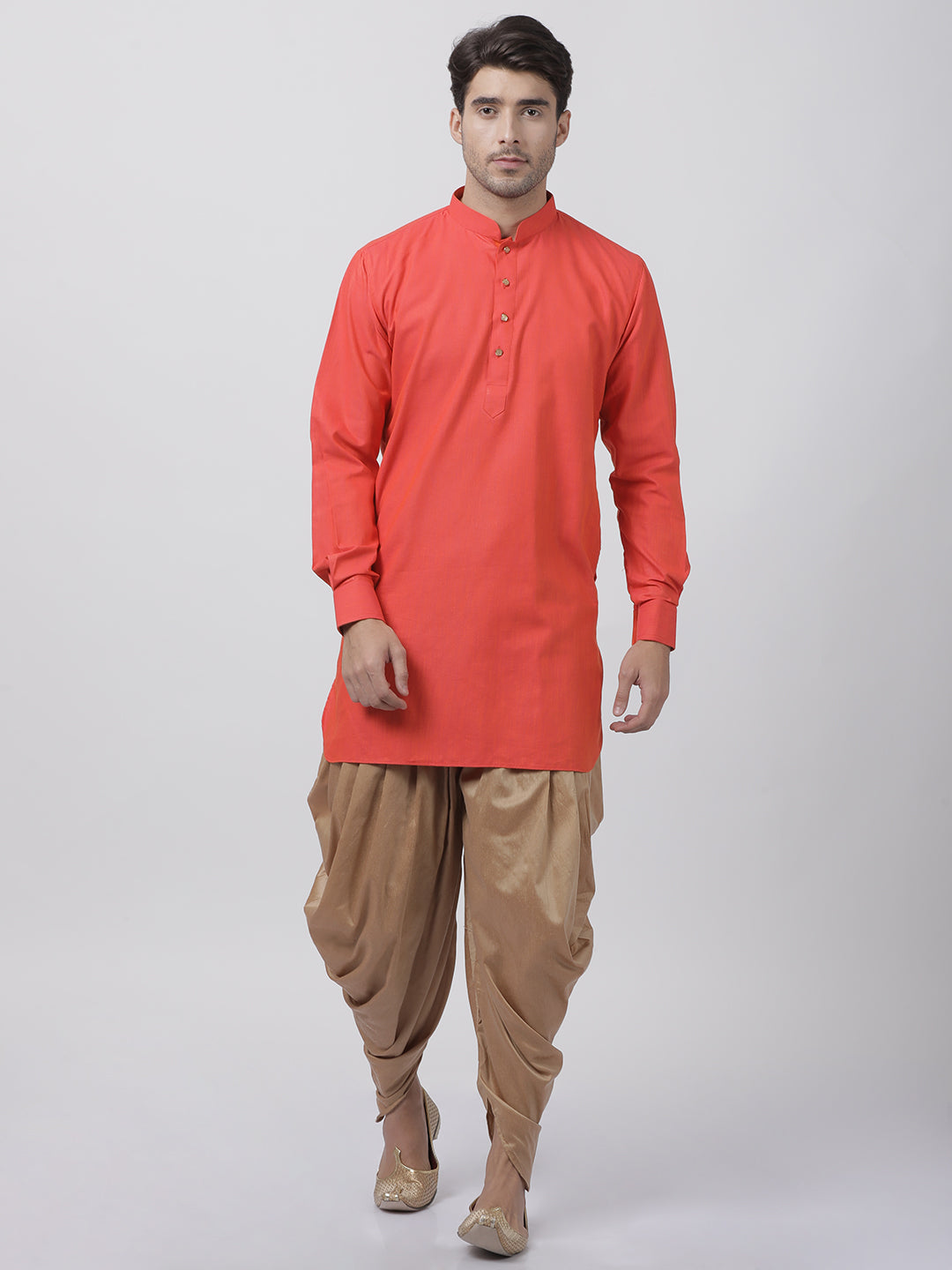 Men's Orange Cotton Kurta and Dhoti Pant Set