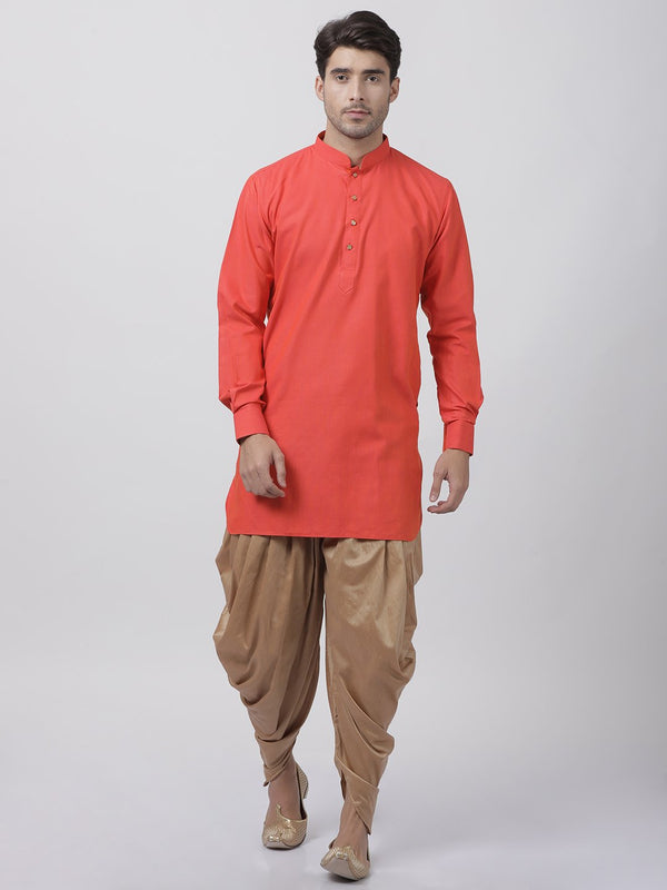 Men's Orange Cotton Kurta and Dhoti Pant Set - Vastramay