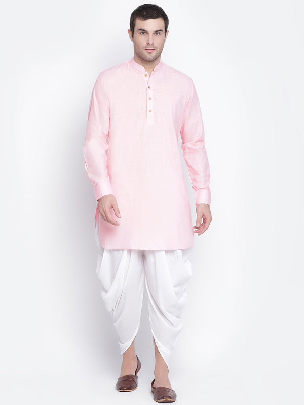 Jashvi Men's Pink And White Cotton Blend Dhoti Kurta Set