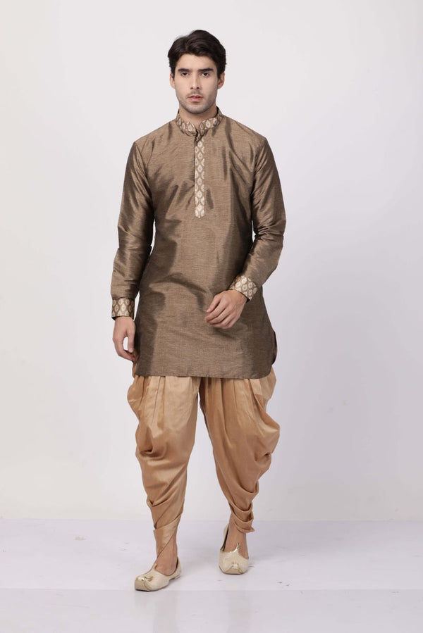 Men's Gold Cotton Silk Blend Kurta and Dhoti Pant Set - Vastramay