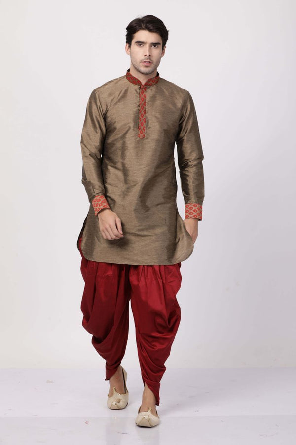 Men's Maroon Cotton Silk Blend Kurta and Dhoti Pant Set - Vastramay