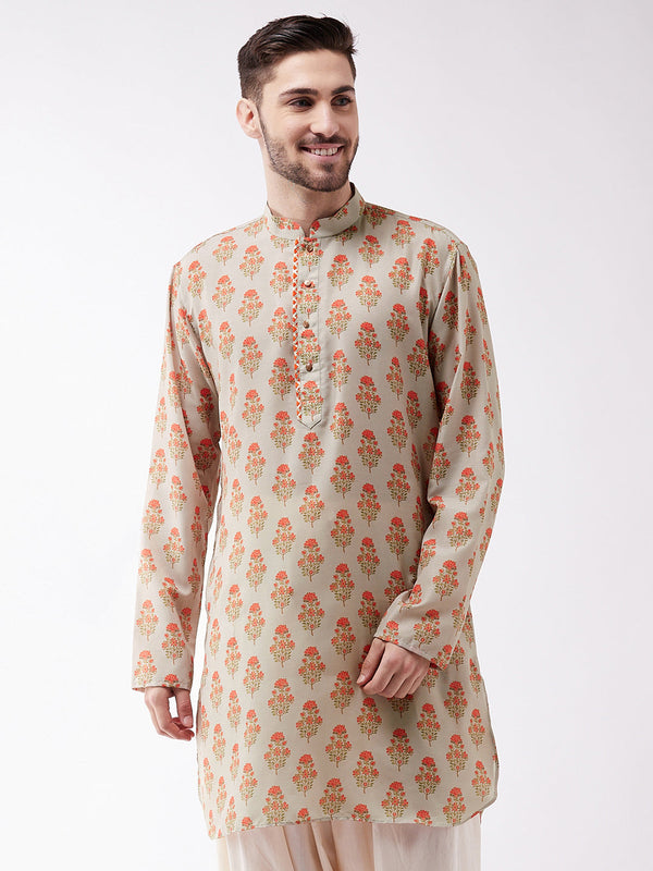 Jashvi Men's Multicolor-Base-Cream Muslin Cotton Kurta