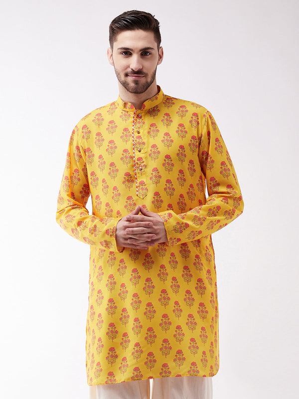 Jashvi Men's Multicolor-Base-Mustard Muslin Cotton Kurta