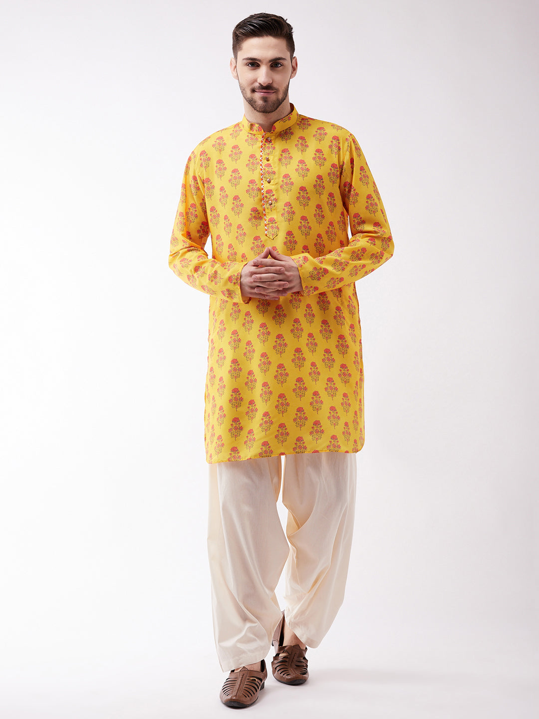 Men's Multicolor-Base-Mustard And Cream Muslin Cotton Kurta And Patiala Set - Vastramay