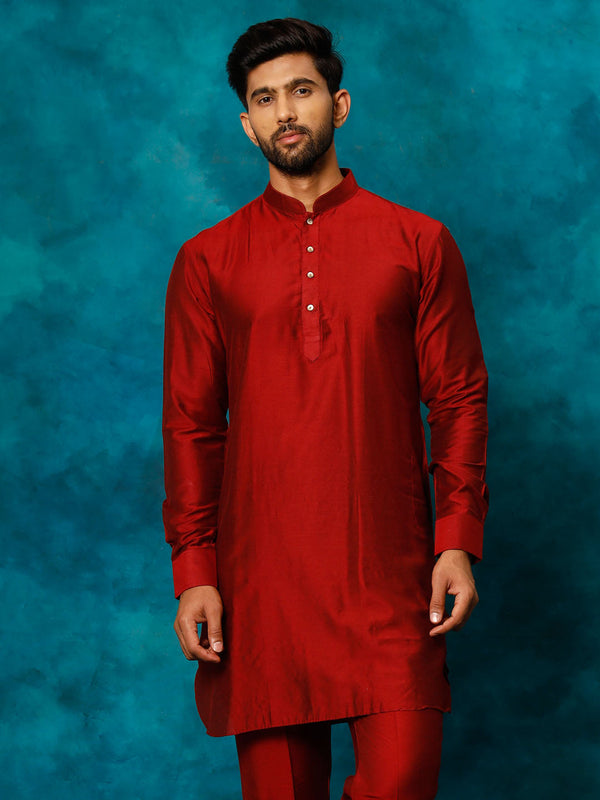 Jashvi Men's Maroon Cotton Blend Curved Kurta