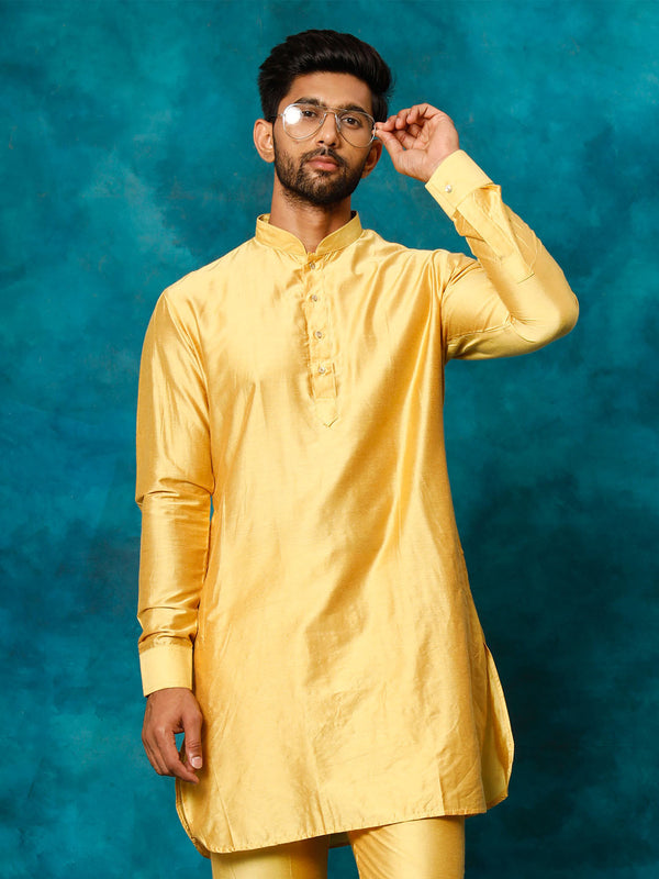 Jashvi Men's Mustard Viscose Curved Kurta