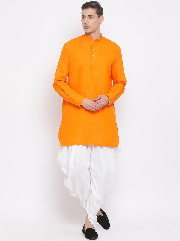 Jashvi Men's Orange Cotton Blend Kurta and White Dhoti Set