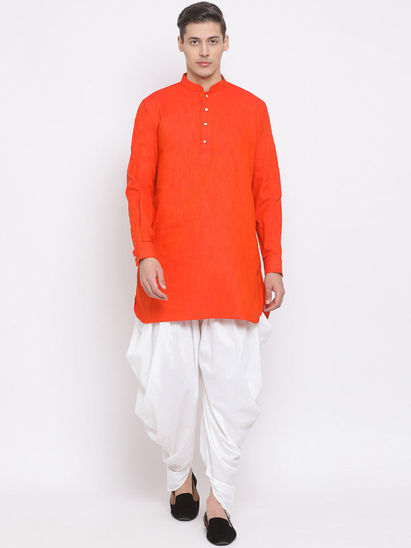 Jashvi Men's Red Cotton Blend Kurta and White Dhoti Set