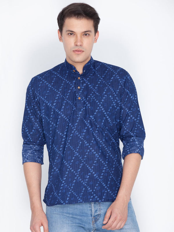 Jashvi Men's Blue Color Cotton Short Kurta