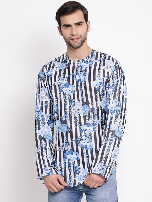 Jashvi Men's Blue Silk Blend Digital Printed Short Kurta