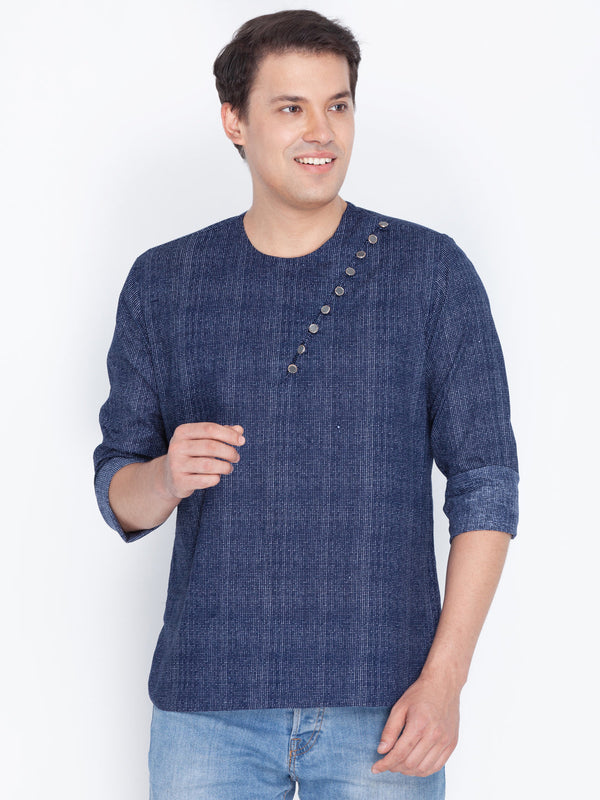 Jashvi Men's Blue printed  Cotton Blend Short Kurta