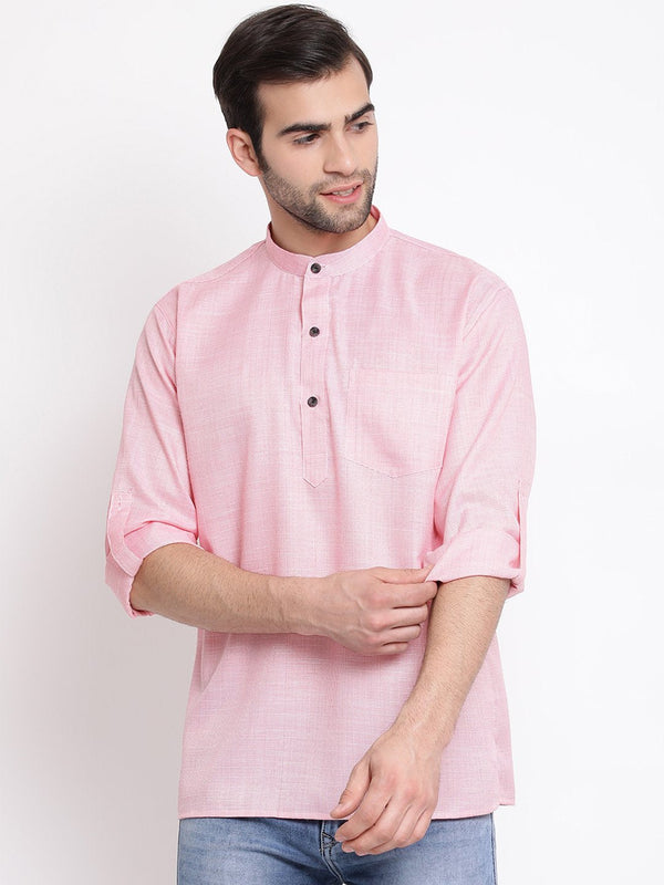 Jashvi Men's Pink Cotton Blend Short Kurta