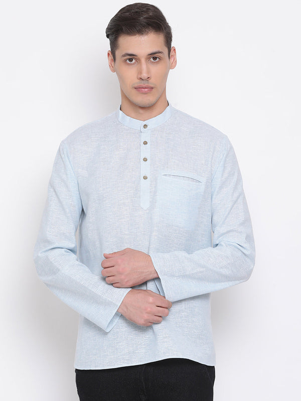 Jashvi Men's Aqua Blue Cotton Blend Short Kurta