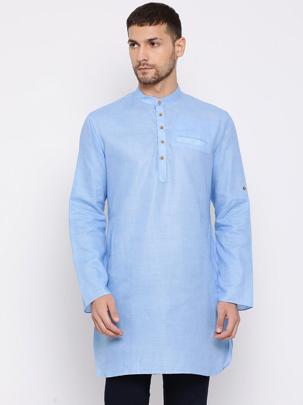 Jashvi Men's Light Blue Cotton Blend Short Kurta