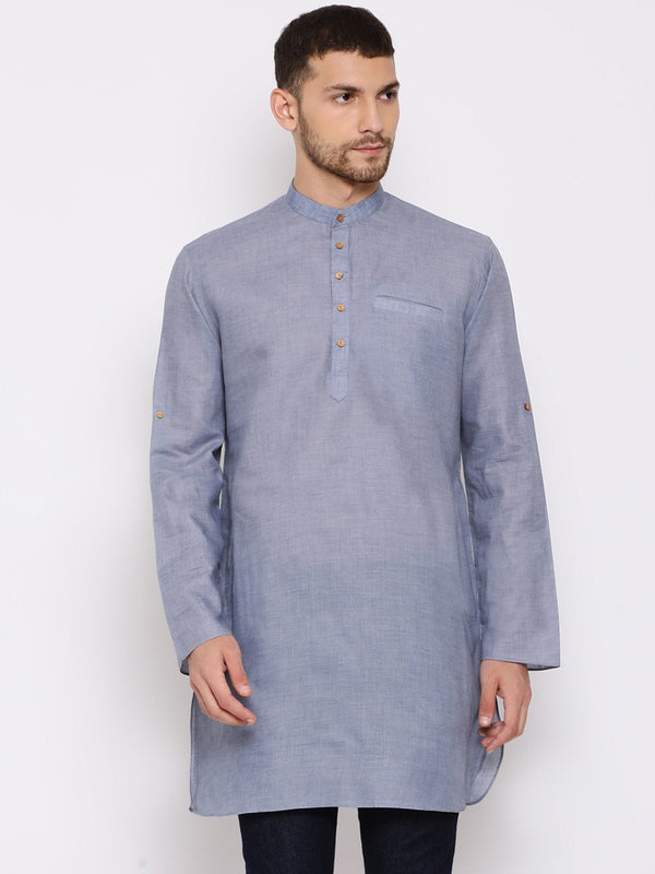 Jashvi Men's Grey Cotton Blend Short Kurta