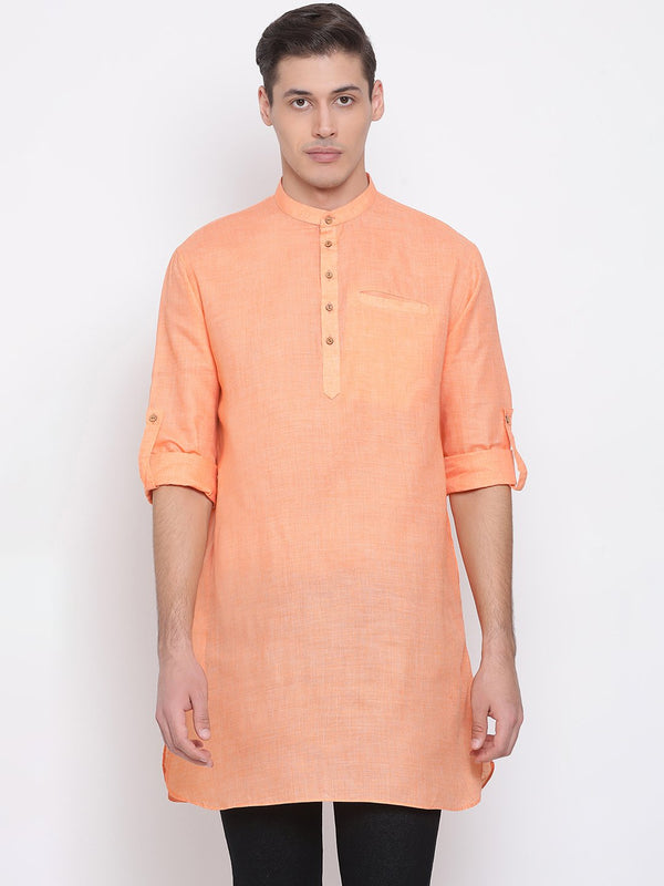 Jashvi Men's Orange Cotton Blend Short Kurta