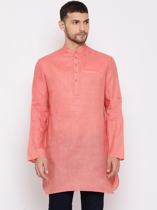 Jashvi Men's Pink Cotton Blend Short Kurta