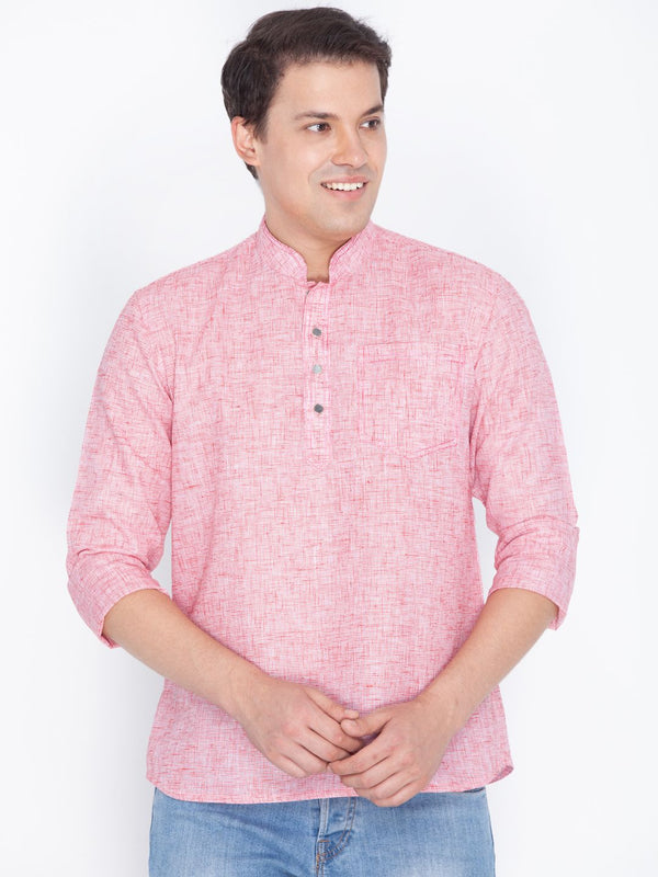 Jashvi Men's Pink Color Linen Short Kurta