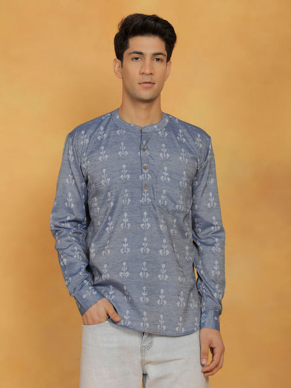 Jashvi Men's Blue Cotton Short Kurta