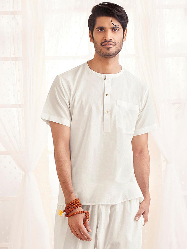 Jashvi Men's White Cotton Short Kurta