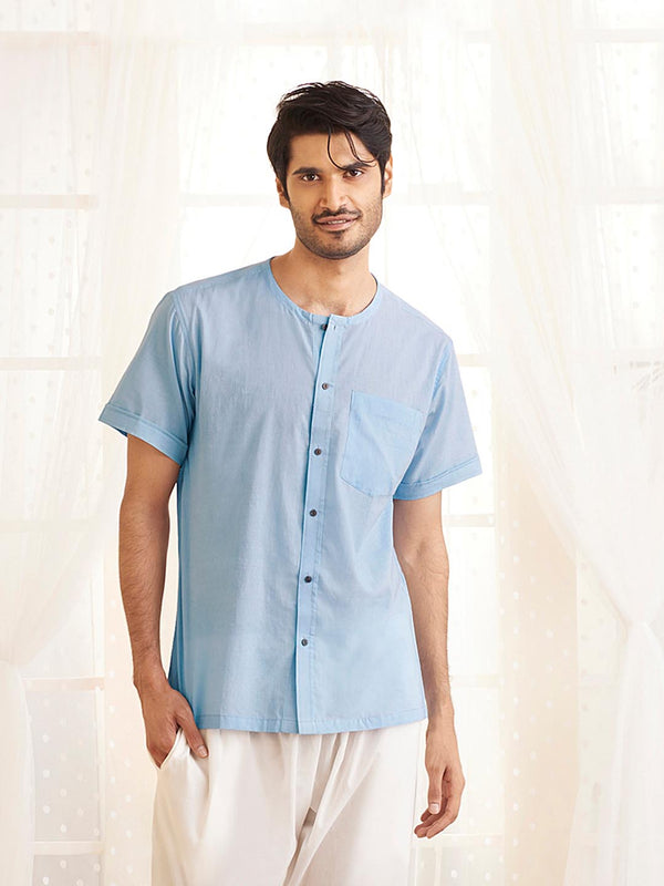 Jashvi Men's Light Blue Cotton Short Kurta