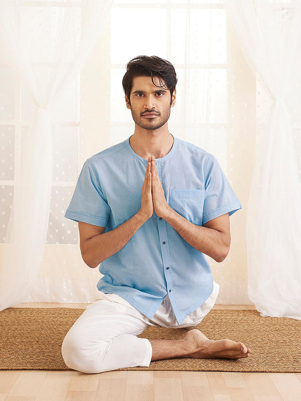 Jashvi Men's Light Blue And White Cotton Kurta Pyjama Set