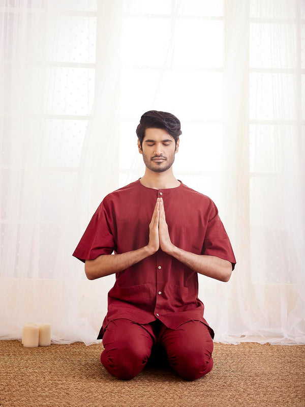 Jashvi Men's Maroon Cotton Kurta Pyjama Set