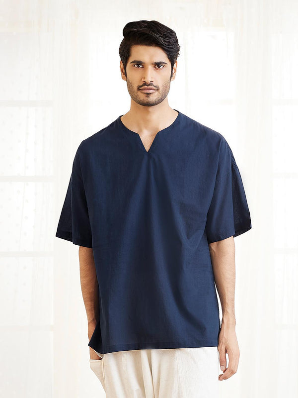 Jashvi Men's Navy Blue Cotton Short Kurta