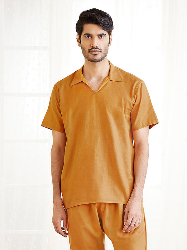 Jashvi Men's Dusty Saffron Cotton Short Kurta