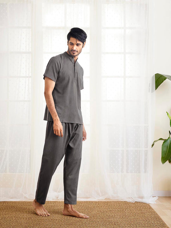 Jashvi Men's Grey Cotton Kurta Pyjama Set