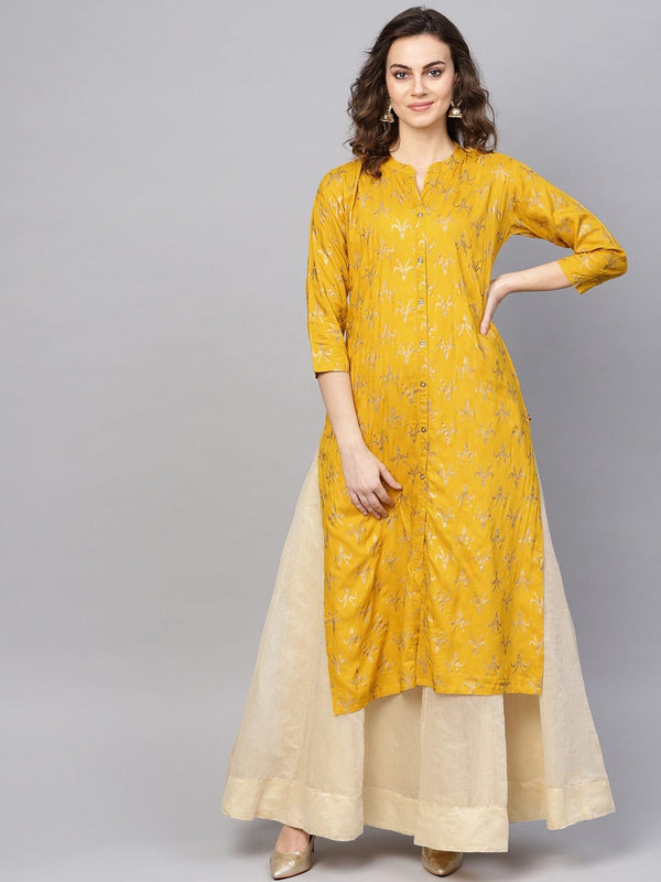 Women's Mustard Yellow & Golden Foil Print Straight Kurta - Varanga