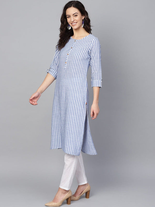 Women's KSUT Blue & White Striped Handloom Straight Kurta - Varanga