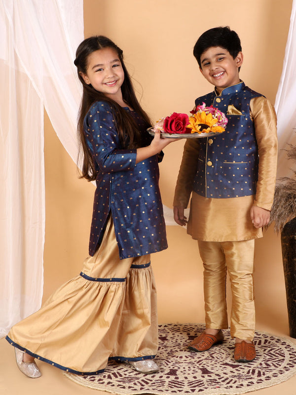 Jashvi Banarasi Blue And Rose Gold Woven Siblings Set