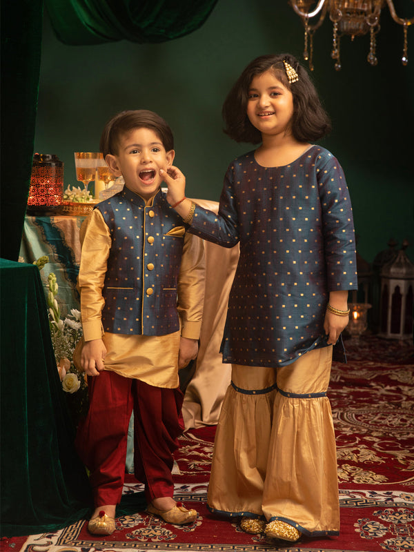 Jashvi Banarasi Blue And Rose Gold Woven Siblings Set