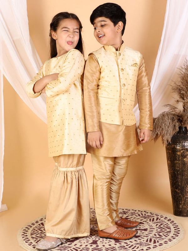 Jashvi Banarasi Gold And Rose Gold Woven Siblings Set