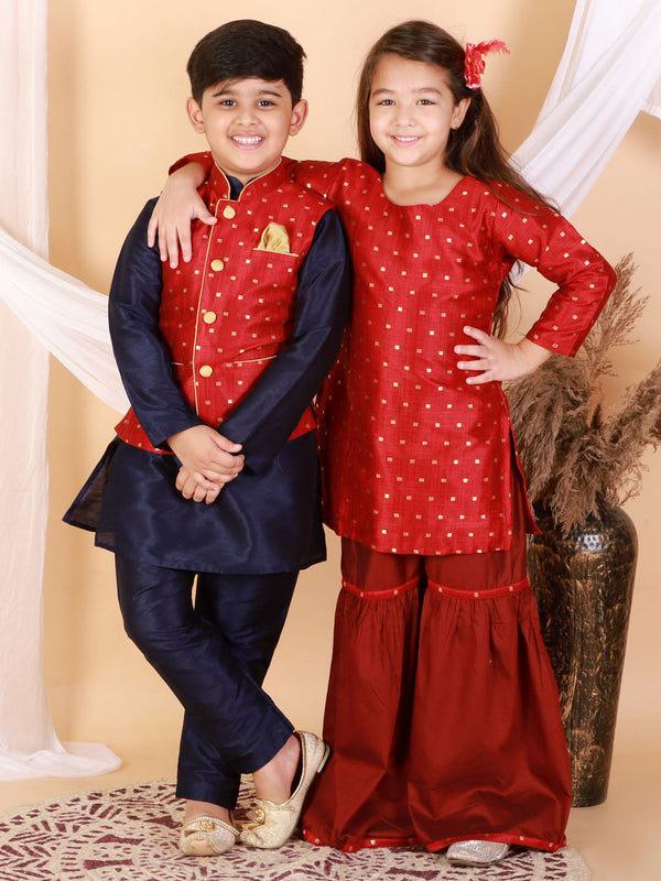 Jashvi Banarasi Maroon Woven Siblings Set