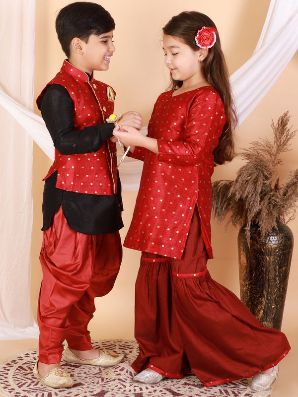 Jashvi Banarasi Maroon Woven Siblings Set