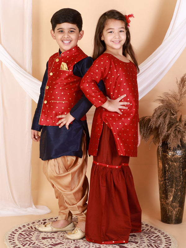 Jashvi Banarasi Maroon Woven Siblings Set