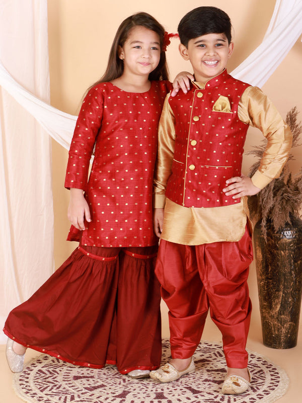 Jashvi Banarasi Maroon Woven Siblings Set