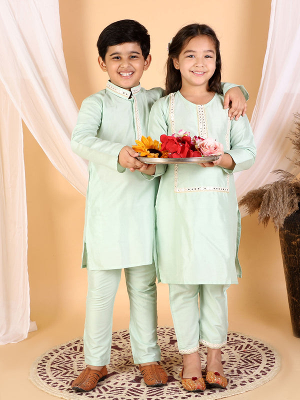 Jashvi Mint Green Color Viscose Kurta Pyjama Siblings Set